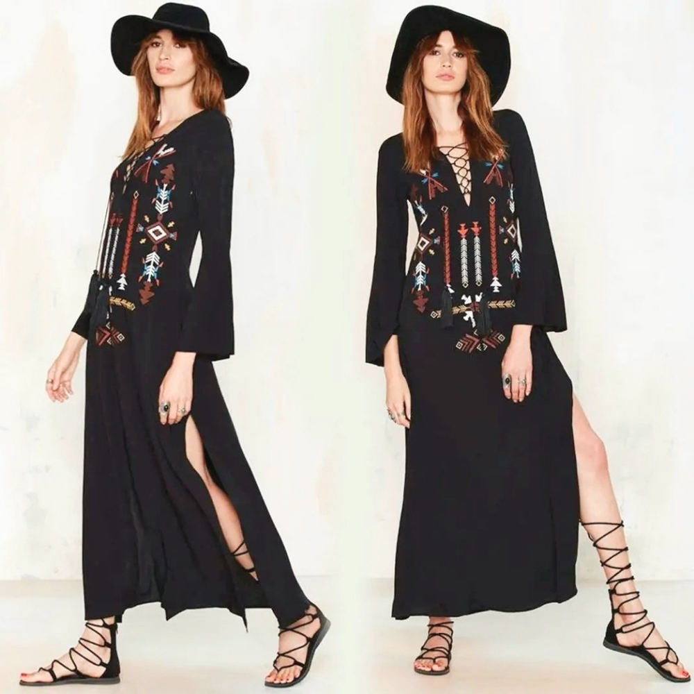 Embroidered Black Maxi Dress w/ Side Slits Size S Native American Boho Nasty Gal